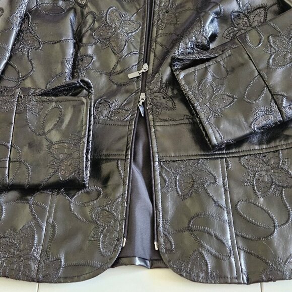 Joseph Ribkoff Jacket Womens 8 Black Faux Leather Sequin Embroidery Whimsigoth - Picture 10 of 16